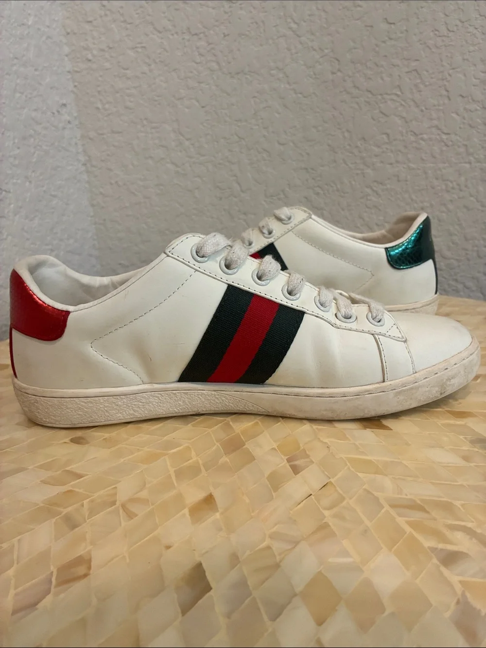 Gucci White Leather Sneakers with Red & Green Stripe and Bee Patch